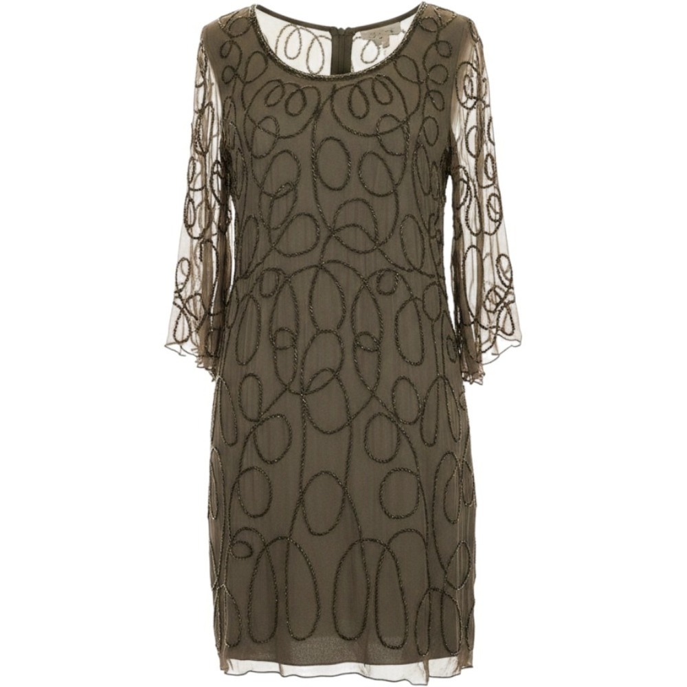Pookie & Sebastian Silk Illusion Breaded Midi Cocktail Dress Size S Olive Green